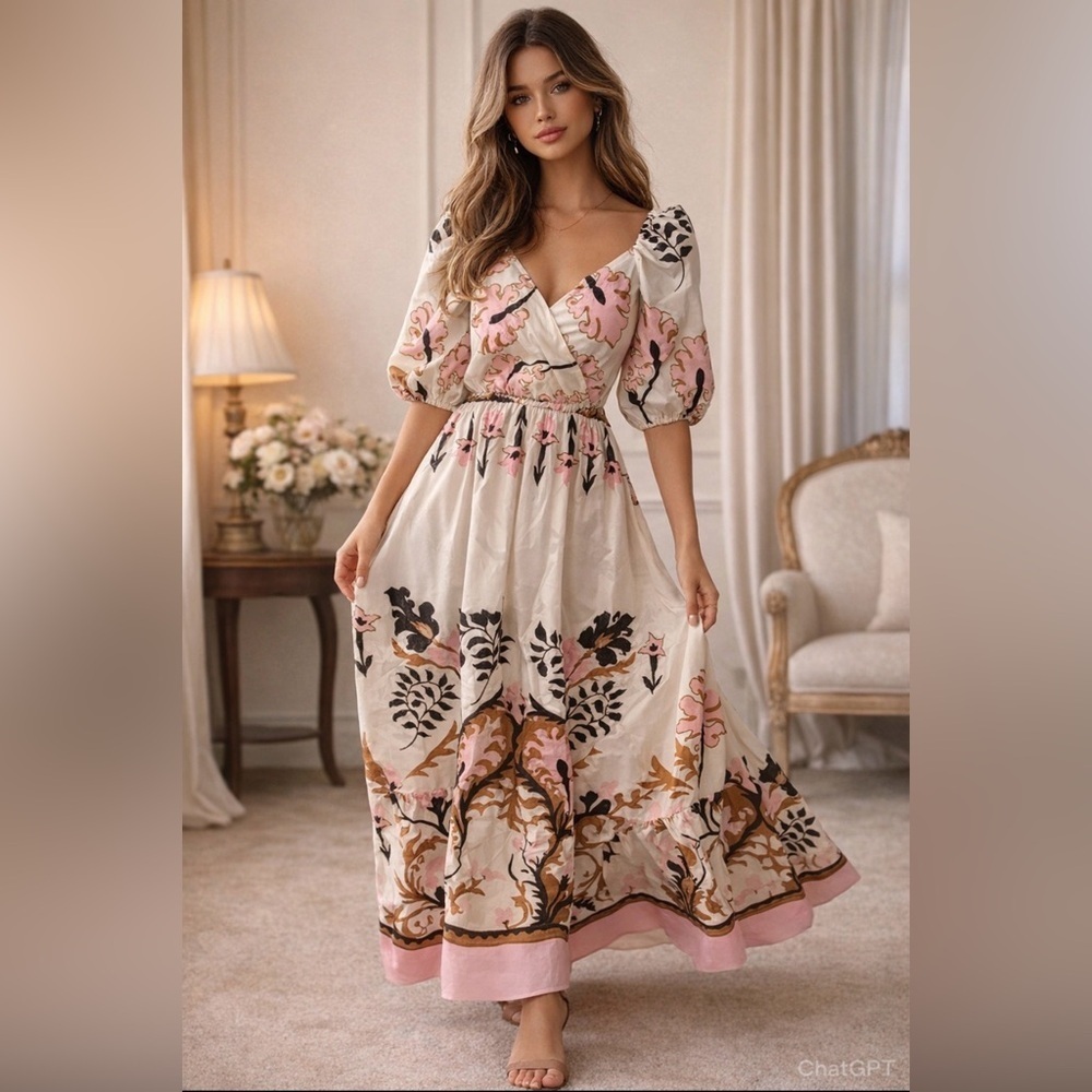 Dixie Wrap Bodice Maxi Dress – Romantic Floral with Puff Sleeves wedding NWOT